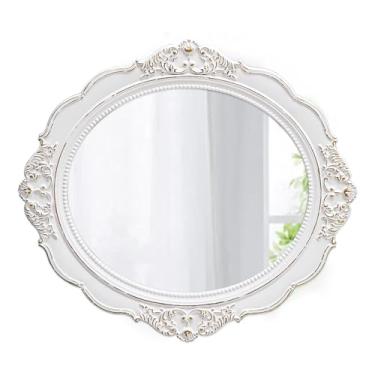 Imagem de Sintosin Espelho de parede oval vintage 53 x 61 cm, espelho de entrada com moldura de madeira branca envelhecida feito à mão com detalhes de contas, pequenos espelhos decorativos para decoração de