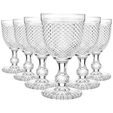 Imagem de Bokon Pacote com 6 taças de vinho tinto taças de vidro transparente de 283 g Cálice vintage em relevo com design de diamante cálice com haste para suco, licor, festa, casamento, bar (transparente)