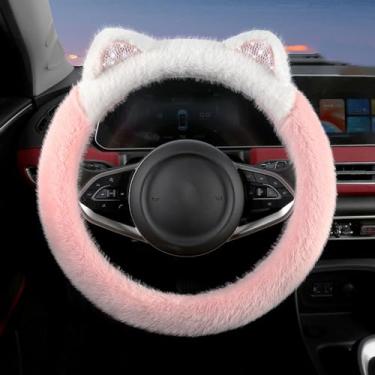 Imagem de Lindo protetor de volante com brilho nas orelhas, pelúcia macia e fofa para aquecer o inverno, ajuste universal de 38 cm para carro, SUV, elástico e antiderrapante (rosa)