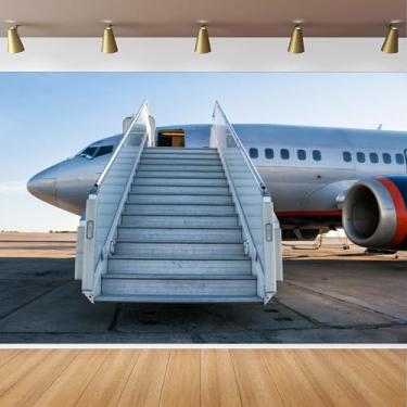 Imagem de CapiSco Pano de fundo de avião, aeronave de passageiros de 2,8 x 1,8 m com degraus de embarque no aeroporto, avental de fotografia para casais, lua de mel, viagem, férias, férias, estúdio fotográfico