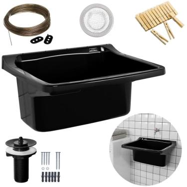 Imagem de Tanque Lavanderia 34L Preto + Varal Em Aço + Prendedor +