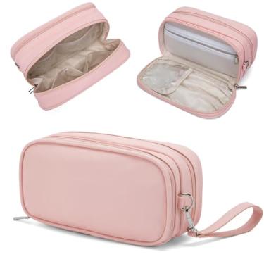 Imagem de XIAOLER Bolsa de maquiagem para mulheres, organizador de maquiagem aberto com suporte de pincel de maquiagem, bolsa de cosméticos à prova d'água com compartimento, bolsa de higiene portátil para