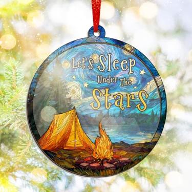 Imagem de Enfeite de apanhador de sol Vamos dormir sob as estrelas – tenda de acampamento e cena noturna de acampamento – decoração de janela de céu estrelado para amantes da natureza, presente de aventura ao