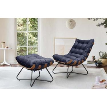 Imagem de Poltrona Costela Decorativa e Puff Madeira Eva Preto - Azul - METAL MO