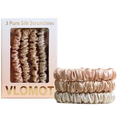 Imagem de VLOMOT Conjunto de 3 peças 100% seda de amoreira pura laços de cabelo com 3 cores chiques para o dia a dia skinny, prendedores de rabo de cavalo de seda, cuidados com o cabelo, sem danos (champanhe)