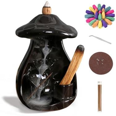 Imagem de GudaAphrmix Suporte de incenso de refluxo de cogumelo – Suporte de cone de incenso de cerâmica, queimador de cachoeira, preto, com 30 cones e bastões, ornamento de aromaterapia, escritório, casa, ioga