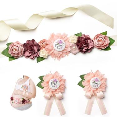 Imagem de Faixa de barriga para grávida rosa Mom to Be, faixa floral para chá de bebê com broche de papai para ser, decorações reveladoras de gênero para mamãe, faixa de flores de chiffon macio para fotografia