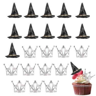 Imagem de 24 peças de topo de bolo de chapéu de bruxa e coroa, topos de cupcake com tema de bruxa e princesa, mini chapéus de bruxa coroa tiara decorações de cupcake, topo de bolo de copo de feiticeiro para