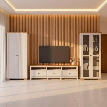 Imagem de Conjunto 3 Peças Rack, Cristaleira e Armário Madeira Maciça Ananda Cabecasa Madeiramadeira Off White/Mel