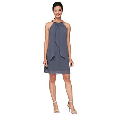 Imagem de S.L. Fashions Vestido feminino curto com contas, frente única, coquetel, convidada de casamento, vestido de festa, (tamanho pequeno e regular), Aço, 48