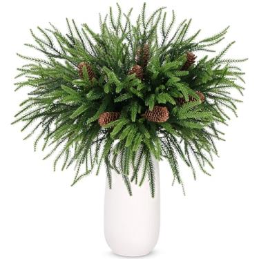 Imagem de Hastes de pinheiro Norfolk, 8 ramos de pinheiro de vegetação de Natal com 5 peças de pinha, 45,7 cm de toque real, galhos de enchimento de árvore de Natal artificial para vaso, artesanato, guirlanda