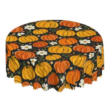 Imagem de NeuKim Toalha de mesa de outono vintage abóbora branca floral redonda toalha de mesa de Ação de Graças 152 cm, capa de mesa à prova de derramamento, capas de mesa para cozinha, festa, jantar