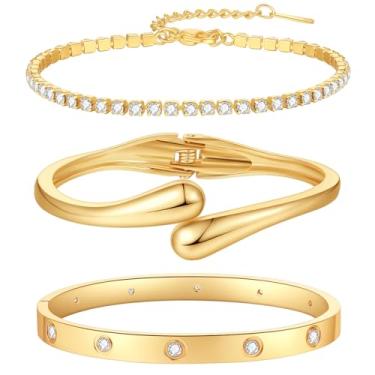 Imagem de PDWZNBA Conjunto de pulseiras banhadas a ouro 18K – trevo floral, tênis, punho grosso ajustável, pulseira clássica banhada a ouro de aço inoxidável, não mancha, pulseira empilhável presente para