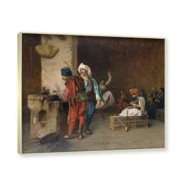 Imagem de NHLDZYH Moldura de champanhe. Famosas pinturas a óleo (Cafe House Cairo) por Jean Leon Gerome, reprodução impressa em tela, arte de cenário para decoração de sala de estar. 40 x 48 cm - 15,7 x 18,9