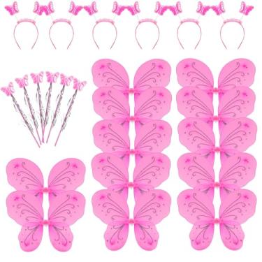 Imagem de 12 Sets Butterfly Fairy Wings, Butterfly Wings Princess Wand and Headband Set Pink Glitter Fairy for Sparkle Princess Wings Halloween Birthday Party Favors Accessories