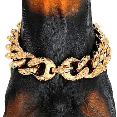 Imagem de Coleira para cachorro caveira retrô gótica corrente de asfixia 18K ouro aço inoxidável motociclista cubano link coleira para cachorro 30 mm punk estilo rocha caveiras esculpindo colar de asfixia para cães de raças grandes (24 polegadas)