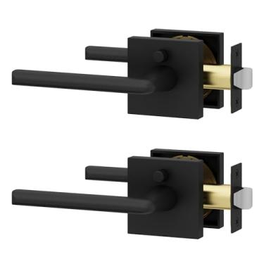 Imagem de Okun Mirra Pacote com 2 maçanetas de privacidade pretas foscas – Fecho de botão, reversível, design elegante de montagem oculta para quarto e banheiro