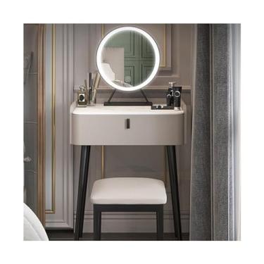 Imagem de Escrivaninha de penteadeira Mesa de toucador cinza com espelho e luzes, penteadeira 1 gaveta grande, brilho ajustável, adequada para quarto(Pequeno)