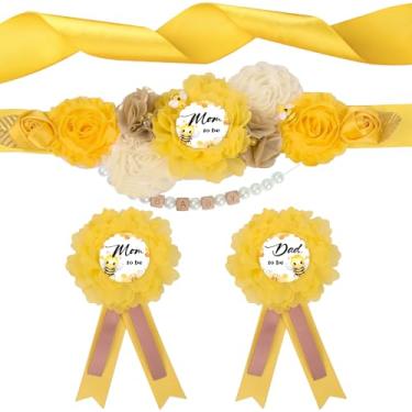Imagem de INSYOHO Decorações de chá de bebê de abelha - Cinto de maternidade ajustável com tema de abelha de mel com lindas flores decorações de chá de bebê, suprimentos de festa revelados de gênero para mamãe