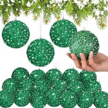 Imagem de Lyrow Conjunto de 24 peças de enfeite de bola de Natal com glitter de 10 cm bola de Natal a granel de espuma de lantejoulas de Natal enfeite decorativo pendurado para decoração de festa na árvore