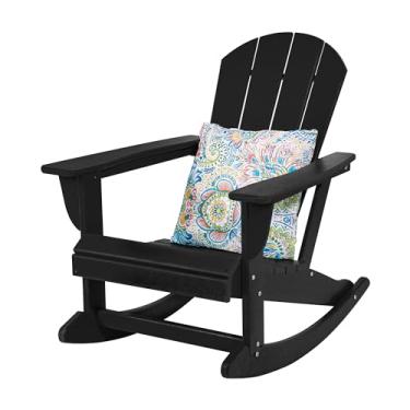 Imagem de Sundale Outdoor Cadeira de balanço com travesseiro, plástico de pátio Adirondack para todos os climas, resistente à água para ambientes externos, jardim, piscina, quintal, preto
