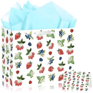 Imagem de JORHANCE Sacos de presente de festa com papel de seda e cartão de aniversário, papel de embrulho grande de morango, decorações de chá de bebê de mirtilo e decorações de aniversário, tema doce de