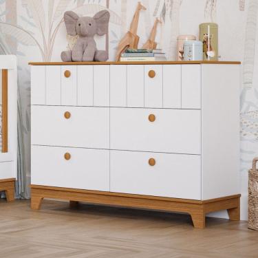 Imagem de Cômoda de Bebê Biscoito 6 Gavetas 100% Mdf Branco Acetinado/Natural - Permóbili