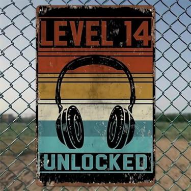 Imagem de Design de fones de ouvido retrô desbloqueados nível 14 arte de parede de alumínio rústico e placa de metal - 20 x 30 cm decoração vintage para ambientes internos e externos para casa, escritório, café