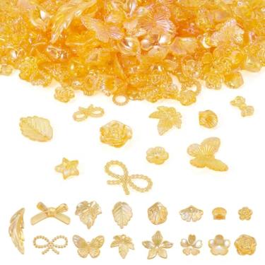 Imagem de Contas de acrílico sortidas douradas de 100 g para fazer joias, folha, flor, borboleta, forma de laço, contas fofas de plástico para chaveiro DIY, colar, pulseira, enfeite para pendurar