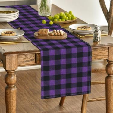 Imagem de Caminho de mesa xadrez de búfalo roxo e preto, decoração de mesa de cozinha estilo fazenda decoração de festa de casamento jantar de aniversário 33 x 91 cm