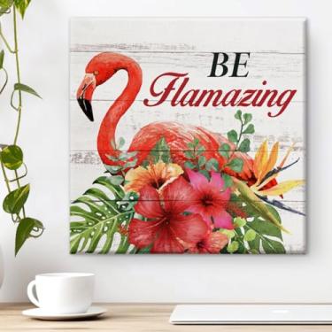 Imagem de Country Be Flamazing Flamingo Canvas Wall Art Print Summer Flamingo Poster Pintura Arte Emoldurada Decoração de Parede Rústica Home Office 20 X 20 cm