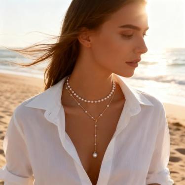 Imagem de 1 colar dourado em camadas em forma de Y, decoração de pérola sintética, joia diária feminina, presente de amizade para festas