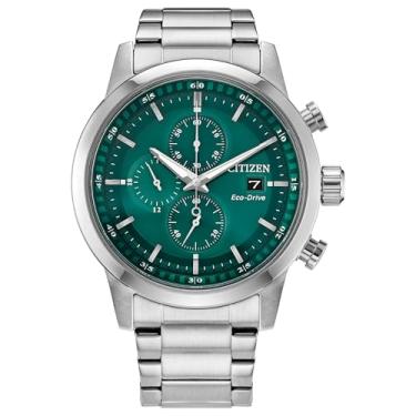 Imagem de Citizen Relógio masculino casual esportivo Eco-Drive, pulseira de aço inoxidável prateado, mostrador verde, cronógrafo, data (modelo: CA0748-80X)
