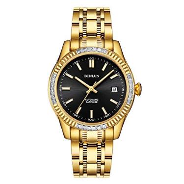 Imagem de BINLUN Relógio masculino automático, banhado a ouro 18 K, relógio mecânico de diamante, à prova d'água, aço inoxidável, esqueleto, relógio de pulso masculino, ouro-preto-A, Pulseira