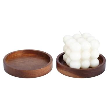 Imagem de NBEADS Bandeja de vela de madeira com 2 peças, porta-copos de acácia de 10 cm para velas bandejas planas redondas de madeira natural para mesa de jantar em casa, acessórios de cozinha, decoração de