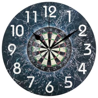 Imagem de ZzWwR Relógio de parede redondo grande de 25 cm, placa de dardos em fogo e água isolada em preto Ba operado por bateria analógico silencioso sem tique-taque relógio de mesa para casa/cozinha/sala de