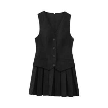 Imagem de Feminino com decote em v sem mangas plissado mini vestido moda botão f