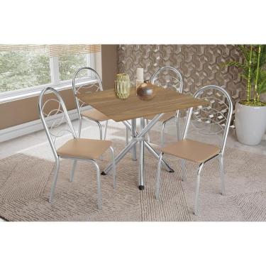 Imagem de Conjunto: Mesa Sala Jantar Volga C- Tampo De Madeira 90cm E 4 Cadeiras Holanda Cromado-nogueira - Bege - Kappesberg