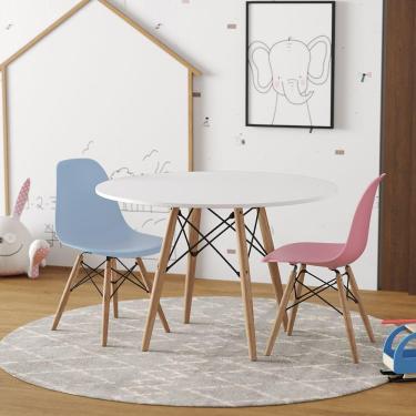 Imagem de Conjunto De Mesa Madeira Infantil 68Cm Redondo Branco 1 Cadeira Azul 1 Cadeira Rosa