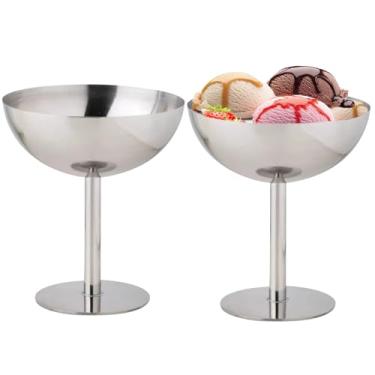 Imagem de 2 tigelas de sorvete de aço inoxidável, copos de sorvete, tigelas de sobremesa com pés, copos de sobremesa para sorvete, frutas, coquetéis, salada, iogurte e pudim de frutas (alto)