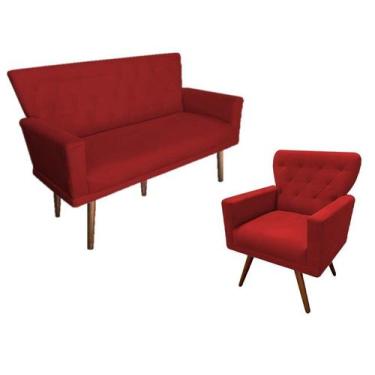 Imagem de Kit Namoradeira + 1 Poltrona Decorativa Aurora Suede Vermelho Pés Made