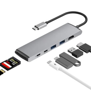 Imagem de Hub USB-C 7 em 1 com HDMI 4K - carregamento PD de 100 W, USB 3.0 de 5 Gbps, leitor de cartão SD/TF para MacBook Pro/Air, iPad, Surface Laptop (prata)