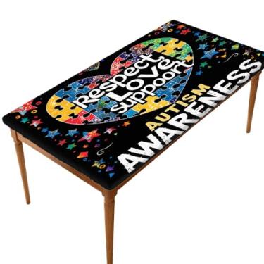 Imagem de hongjinglin Toalha de mesa retangular de 1,8 m elástica ajustada amor autismo palavra toalha de mesa elástica retangular capa de mesa protetora de mesa lavável à prova d'água para piquenique, jantar