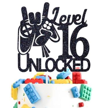 Imagem de Level 16 Unlocked Game Birthday Cake Topper - Boy's 16th Birthday Cake Decorations - Sweet 16 - Video Game Theme Cake Topper - Level Up Winner Party Decoration Supplies, Black Glitter