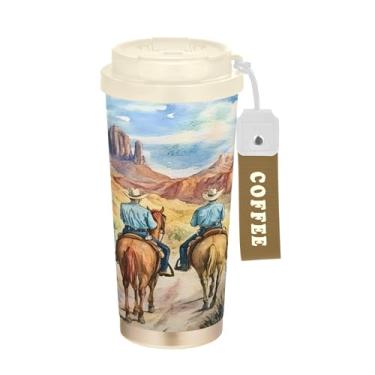 Imagem de SEHANY Caneca de viagem vintage caubói ocidental 482 g xícaras de café reutilizáveis revestidas de cerâmica com tampa à prova de vazamento, parede dupla, isolamento a vácuo, copo de café de aço