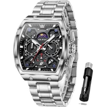 Imagem de OLEVS Relógio de pulso masculino quadrado de aço inoxidável à prova d'água luminoso em dois tons de quartzo, analógico, quartzo, data e diamante, G2942 - prata preta, G2942-silver black, relógio