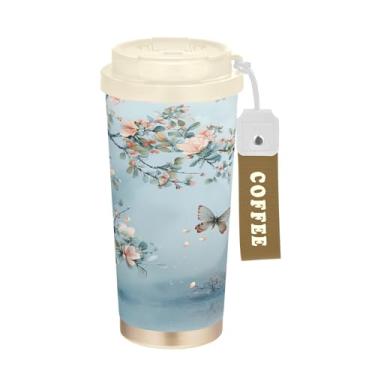 Imagem de SEHANY Caneca de viagem borboleta e flores de 482 ml Copos de café reutilizáveis revestidos de cerâmica com tampa à prova de vazamento, parede dupla, isolamento a vácuo, copo de café de aço inoxidável
