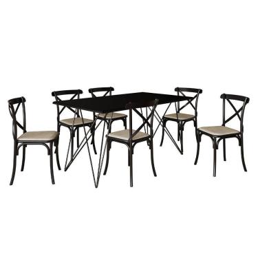 Imagem de Mesa De Jantar Industrial Com 6 Cadeiras Katrina Preto Trama Premium Preto 150 Cm - Cor: Preto