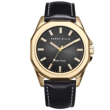 Imagem de Perry Ellis Relógio masculino movido a energia solar | Relógios de pulso analógicos de couro vegano resistente à água | Caixa de 42 mm | Relojes para Hombres | Presente elegante para homens, Dourado
