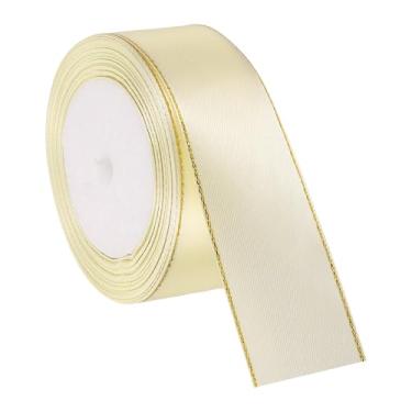 Imagem de PATIKIL Fita de cetim com borda dourada, fita de cetim de poliéster dupla face para embrulho de presente, buquês de flores, laços de cabelo, projetos de costura, creme